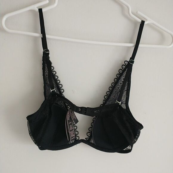 Victoria's Secret Very Sexy Unlined Plunge Bra 32C Black Lace Underwire Floral - Picture 4 of 10